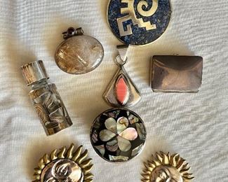 Silver and sterling silver pendants, pins 