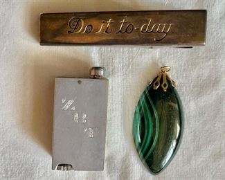 Sterling clothes pin, lighter, malachite pendant 