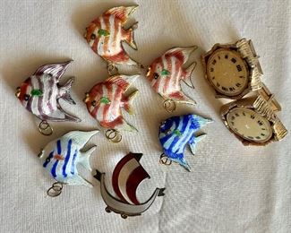 Enamel fish and sterling silver viking ship 