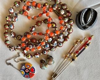 Murano and cloisonne jewerly, wedding cake earrings, vintage stickpins 