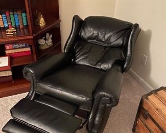 $225. Vintage Barcalounger Reclining Chair in Blue Leather. Measures 33" wide outside arms. 19" wide seat. 38.5" Floor to top of Back. 19.5" Floor to Seat. 