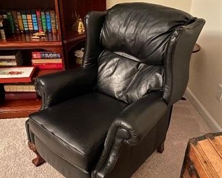 $225. Vintage Barcalounger Reclining Chair in Blue Leather. Measures 33" wide outside arms. 19" wide seat. 38.5" Floor to top of Back. 19.5" Floor to Seat. 