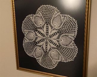 $30. Framed Antique Doily. 