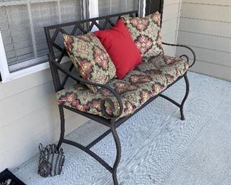$95 each. 2 Matching Front Porch Benches available - lightweight Aluminum? Cast Steel?) Includes cushions/ pillow. 