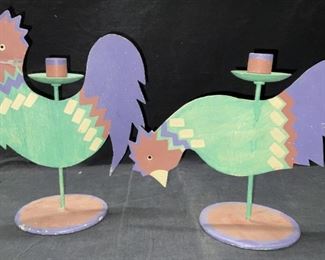 Pair Painted Chicken Tabletop Candle Holders

