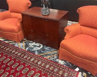 Pair of fabric chairs and cabinet
