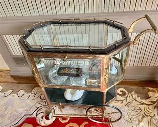 Hollywood Regency Beveled Glass, Bronze and Brass Tea Wagon or Serving Cart