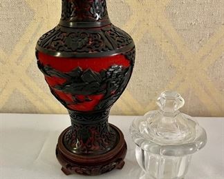 Cinnabar vase on stand, Baccarat honey jar 