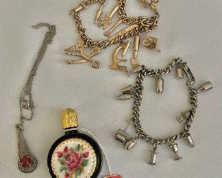 Vintage charm bracelets, Austria perfume bottle, pendant necklace 