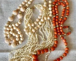Angel skin coral, rice crispy pearl, and coral necklaces 