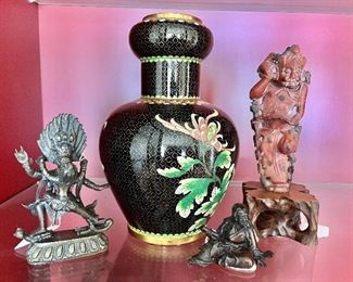 Cloisonne vase , statues 