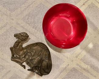 Vintage camel and mid century red enamel bowl 