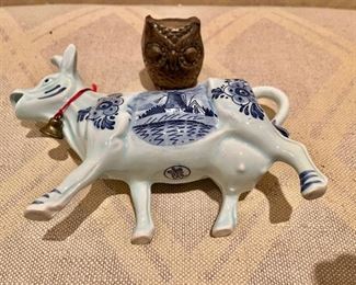 Blue and white cow pitcher and owl 