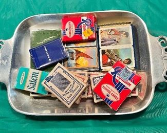 Large pewter serving tray and vintage decks of cards 