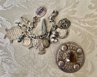 Sterling silver charm bracelet, Celtic silver pin 
