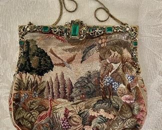 Tapestry purse with jeweled accents 