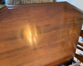 #1	Double pedistel dining table with 6 dining chairs and 2 upholstered side chairs - 64-100x42x28	 $420.00 
