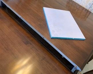 #1	Double pedistel dining table with 6 dining chairs and 2 upholstered side chairs - 64-100x42x28	 $420.00 
