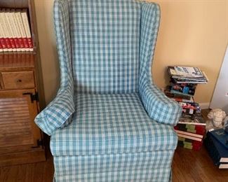 #12	Ethan Allen Teal/Cream Stripe Wingback Chair	 $75.00 
