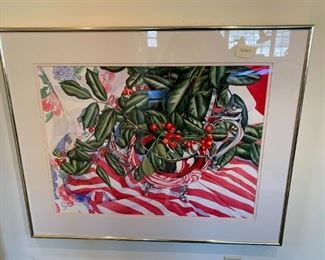 #140	Original Watercolor of Holly Berry w/Silver Pitcher Framed Under Glass - 38x31	 $350.00 
