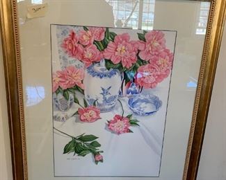 #142	Original Watercolor Pink Flower w/Blue & white - 27.5x34 by Anita Hoodless	 $300.00 
