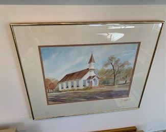 #148	Original Watercolor Church in Fall - 27x23 by Anita Hoodless	 $150.00 
