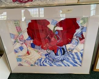 #152	Original Watercolor of Red Flower w/quilt in Background - 38x31	 $350.00 
