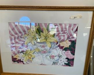 #154	Original Watercolor of Pink Stripes w/yellow Lilly   32x25  By Anita Hoodless	 $300.00 
