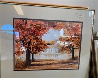 #155	Original Watercolor of Church w/pond  & Fall Leaves - 28x23 by Anita Hoodless	 $150.00 
