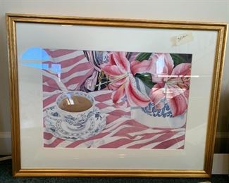 #156	Original Watercolor of Pink Lillies w/coffee - 30x24 by Anita Hoodless	 $300.00 
