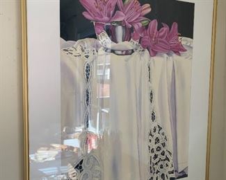 #163	Original Watercolor of purple lily on Lace Tablecloth - 31x38	 $250.00 
