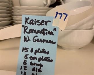 #177	Kaiser Romantion W. Germany 15 piece china  15 dinner plates, 5 small, 5 soup , 12 bread/butter 10 cup/saucer 	 $90.00 
