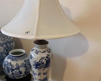 #187	Blue 25 inch lamp w as is shade white/blue /gray 	 $25.00 
