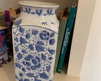 #195	square blue/white vase 12 tall	 $20.00 
