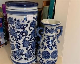 #196	(2) blue and white vases round and handled 10 and 8 inches tall 	 $30.00 
