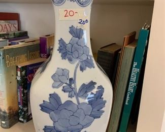 #200	blue/white vase 14.5 with flowers on it 	 $20.00 
