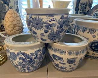 #202	(3) 4x6 blue/white pots 	 $30.00 
