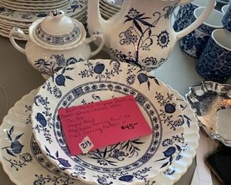 #213	Blue Nordic English Stafford Meakin Shire Classic White blue china Tea pot Sugar bowl vegserving bowl 8.25 oval serving platter 12 in 	 $45.00 
