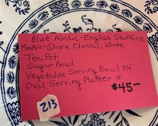 #213	Blue Nordic English Stafford Meakin Shire Classic White blue china Tea pot Sugar bowl vegserving bowl 8.25 oval serving platter 12 in 	 $45.00 
