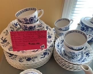 #214	Blue Nordic English Stafford Meakin Shir classic white blue china 8 dinner 8 salad 8 bowls 7 saucer 6 cups =37 pieces 	 $100.00 
