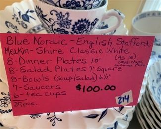 #214	Blue Nordic English Stafford Meakin Shir classic white blue china 8 dinner 8 salad 8 bowls 7 saucer 6 cups =37 pieces 	 $100.00 
