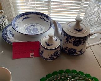 #221	Formalities by Baum brothers blue rose collection Tea pot, sugar, serving bowl 9 in, serving platter 14 in	 $35.00 
