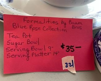 #221	Formalities by Baum brothers blue rose collection Tea pot, sugar, serving bowl 9 in, serviing platter 14 in	 $35.00 
