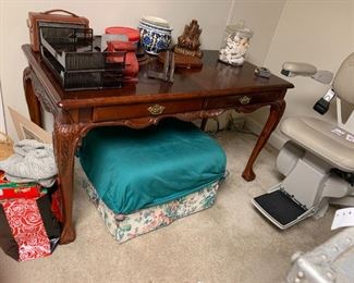 #223	carved queen anne leg desk with 2 drawers with felt line 54x26x29	 $175.00 
