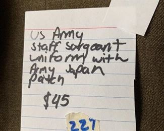 #227	US Army staff sargent uniform with army japan patch 	 $45.00 
