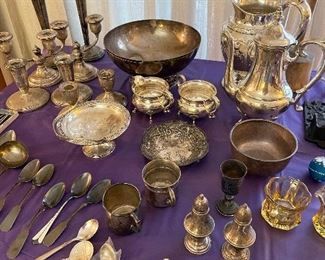 Sterling tea sets, serving wear, candlesticks and more (including very rare Tiffany and Co ornate footed sterling pedestal bowl, Hollywood Regency/Deco makers mark 23124M)