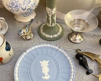 Wedgwood angel plate and green candlestick