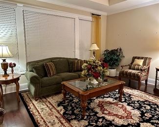 Living room sofa & glass-top coffee table