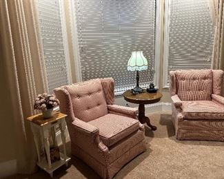 Pair of custom red pinstripe upholstered chairs 