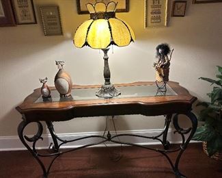 Glass top console and unique stained glass lamp